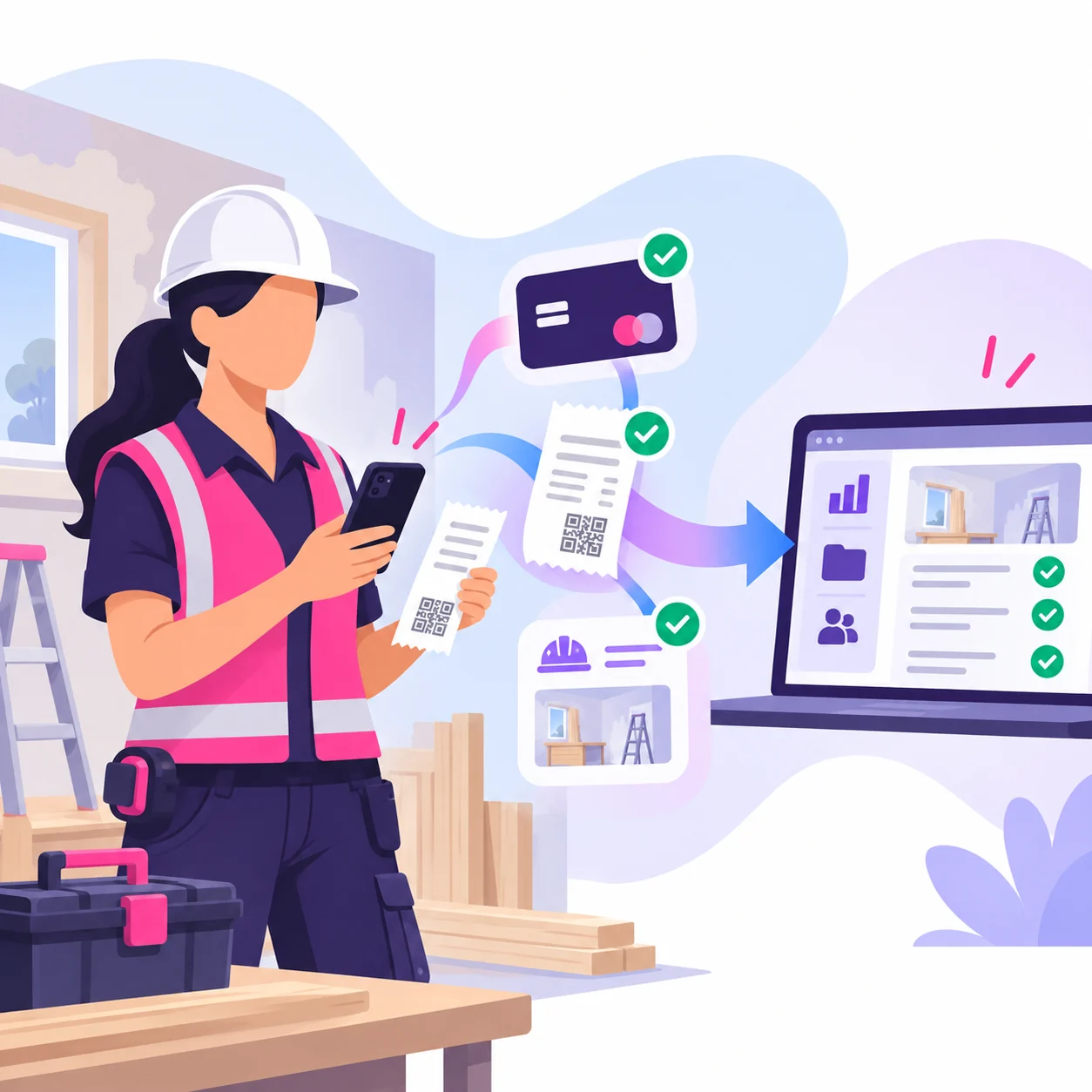 A contractor capturing a purchase receipt and job details so they reach the project and accounts records together