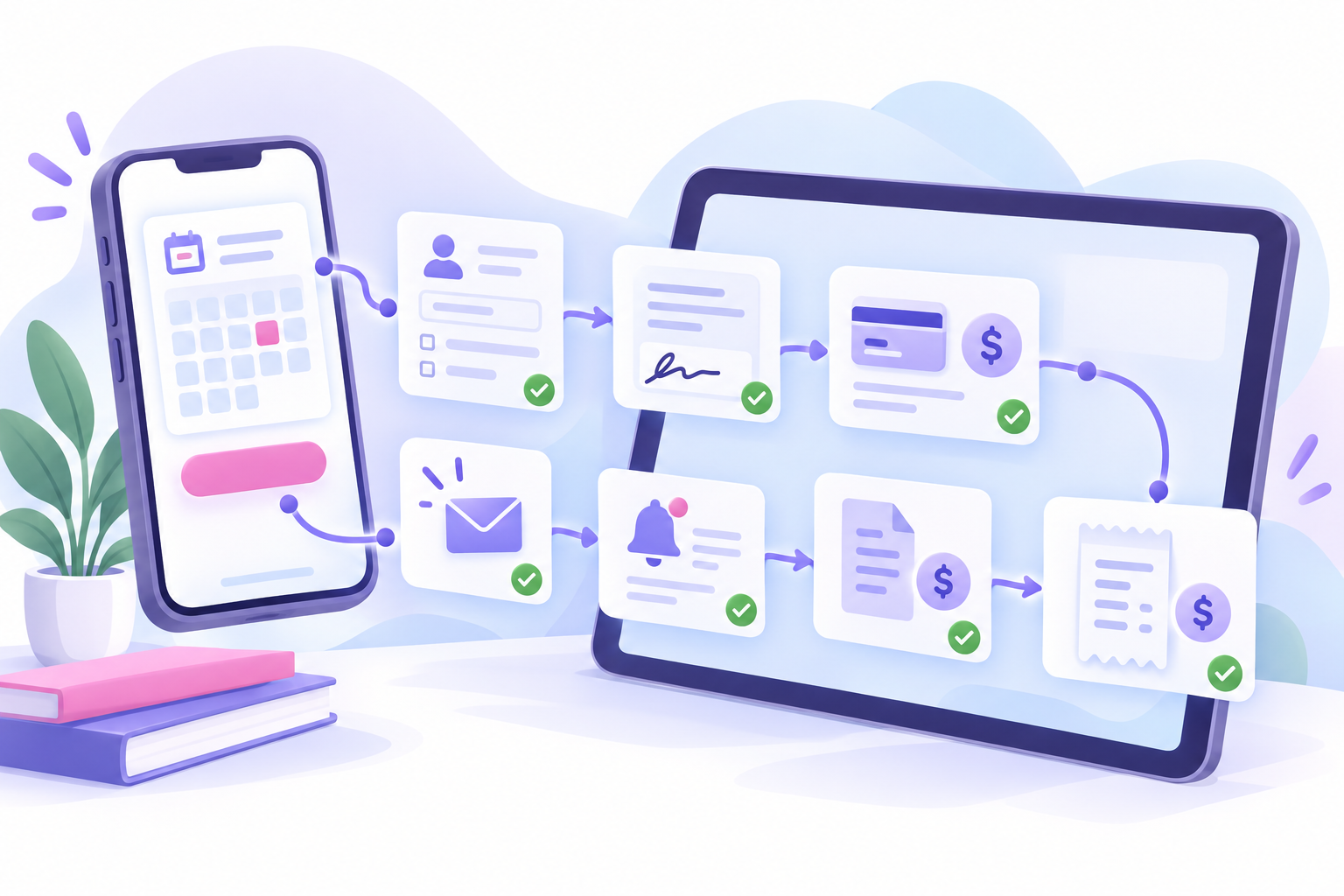 A connected patient journey moving from appointment request through intake, payment, reminders, invoice and receipt