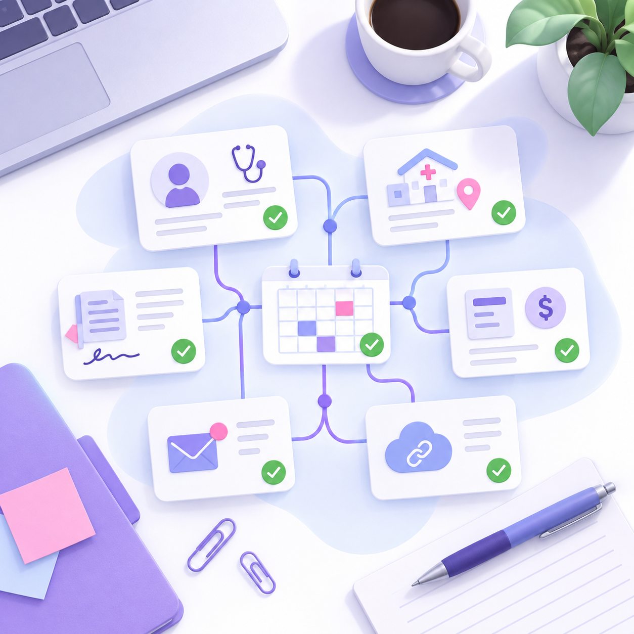 An organised healthcare practice setup connecting profiles, locations, appointments, payments and communications
