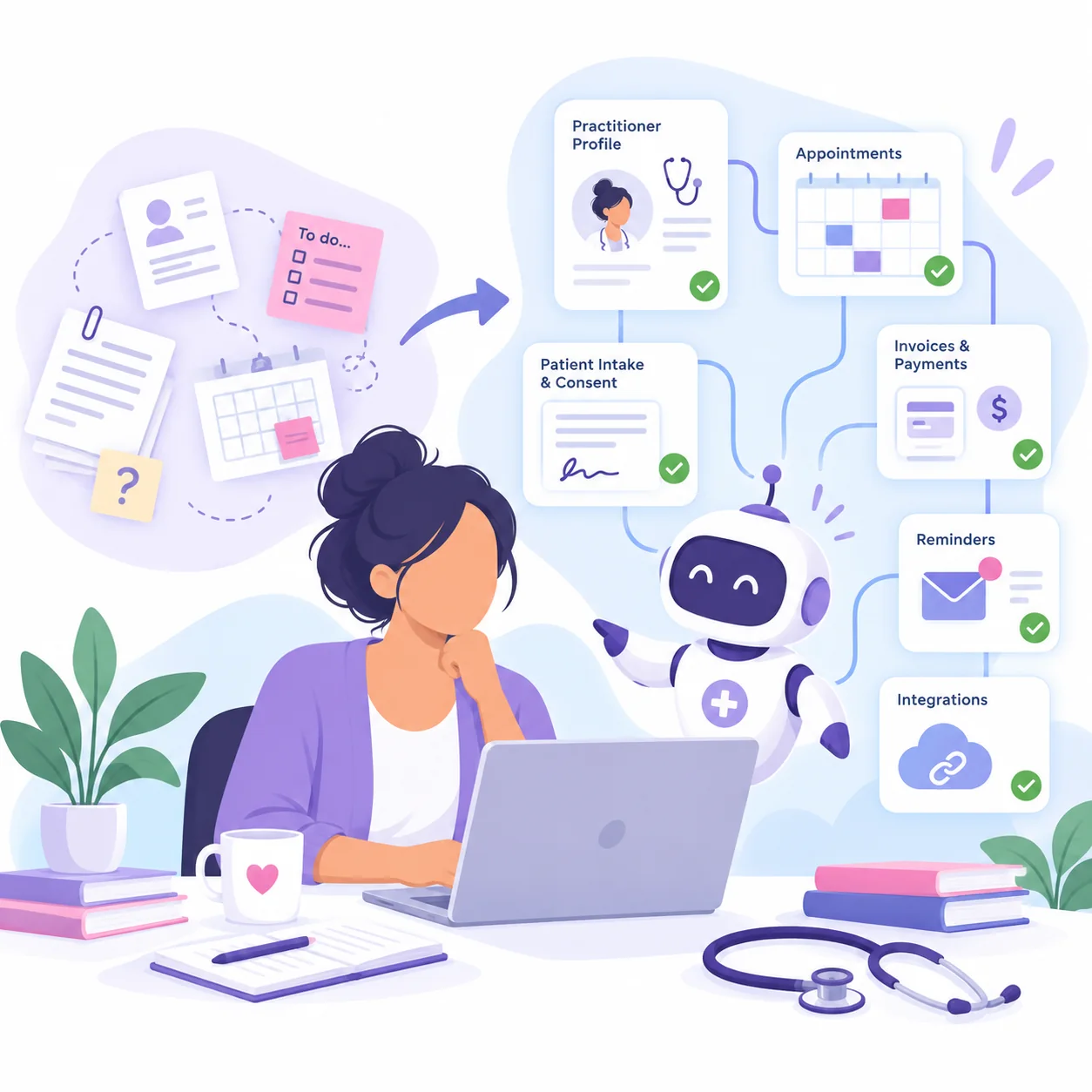 A clinic administrator organising patient forms, appointments, payments, reminders and practice integrations