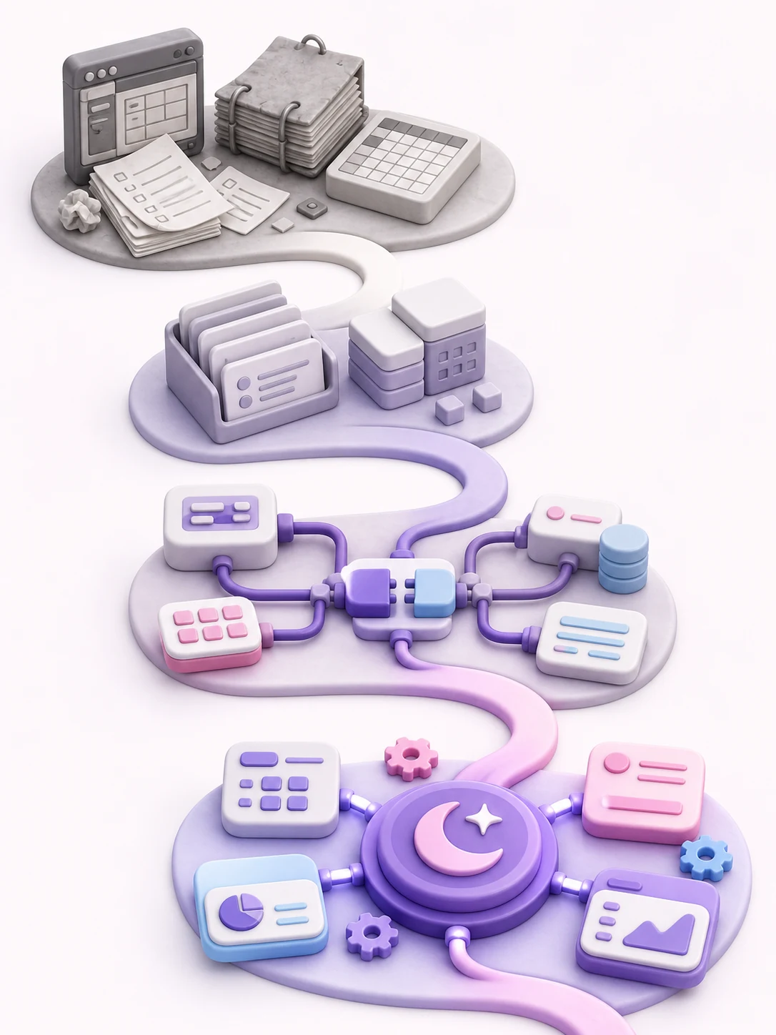 A clay-style journey from legacy forms and registers to connected workflows, APIs and automation