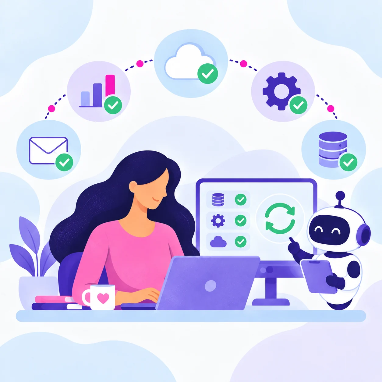 A business owner working while an automation helper monitors and maintains her connected systems