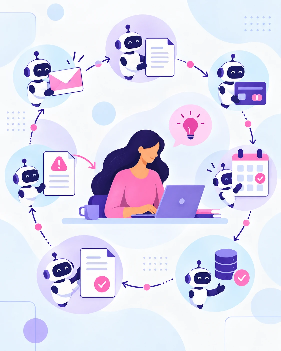 A woman working while automation helpers handle routine emails, documents, payments, reminders and record updates