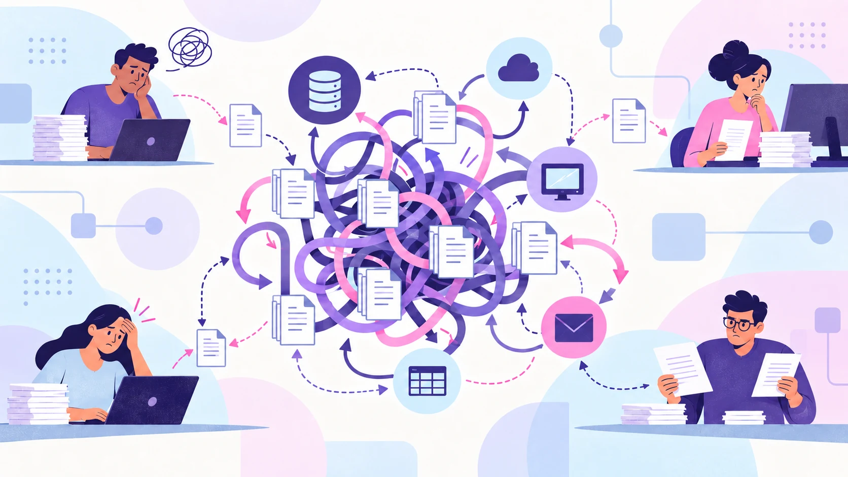 A tangled workflow with repeated documents, loops and disconnected tools